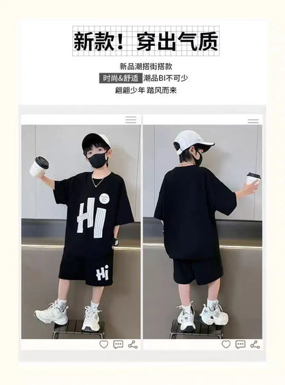 New Boys Sport Clothing Sets Summer Big Kids Loose Clothes Suit Short Sleeve Tops+Shorts 2Pcs Children Fashion Handsome Outfits
