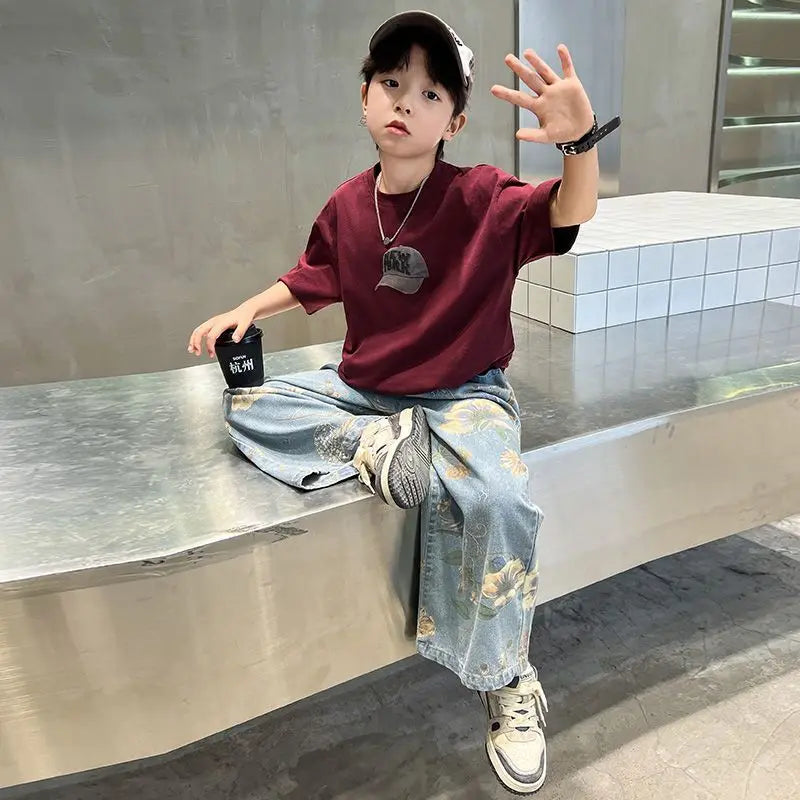 Boys' Summer Outfit Sets New Style Children's Short Sleeved T-shirt Long Pants Two-piece Suits Big Children's Stylish Sets