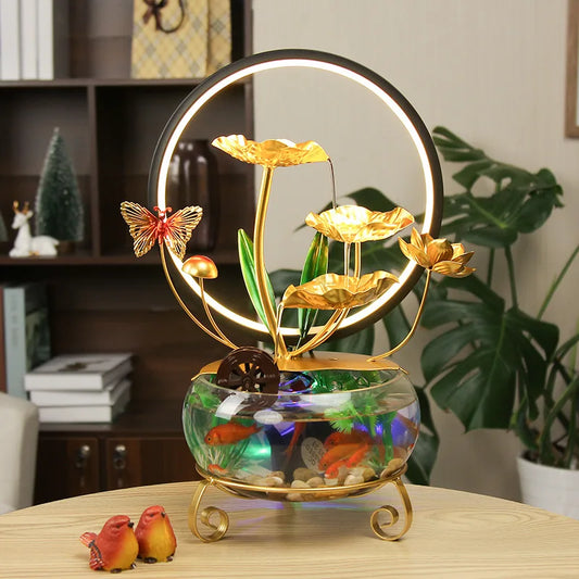 New Tabletop Waterfall Fountain Colored Light Waterwheel Led Ring Light Glass Fish Tank Office Living Room Fountain Decoration