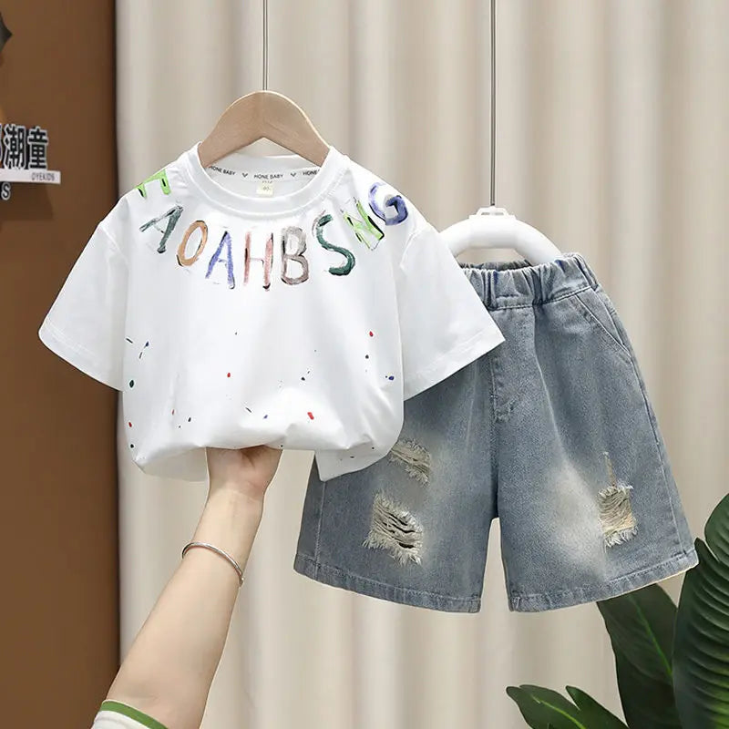 Korean Boys Summer Children's Top and Bottom 2PC Sets Short Sleeve T-Shirt & Denim Shorts Kids Clothes 1-7 Years Black Toddler