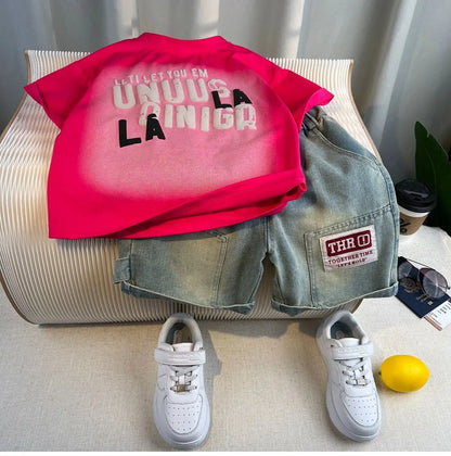 Hot Sale Fashion Baby Boy Suit Summer Clothes Short Sleeve T-shirt Short Jeans 2 Piece Set Kids Outfit Children's Costume