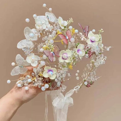 Butterfly Fairy Hair Hoop Beads Simulation Flower Flower Headdress Hair Ornaments Adjustable Wreath Headband