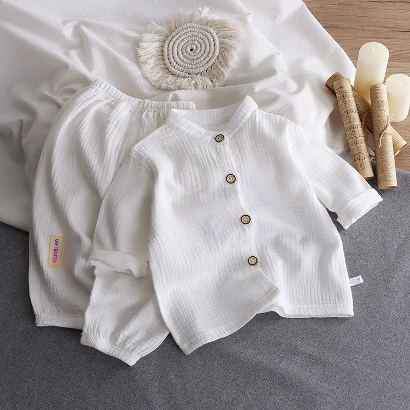 Children's Stand Collar Solid Cotton Set Kids Boy Homewear Clothes Children Clothing Casual Long Pants Set Daily