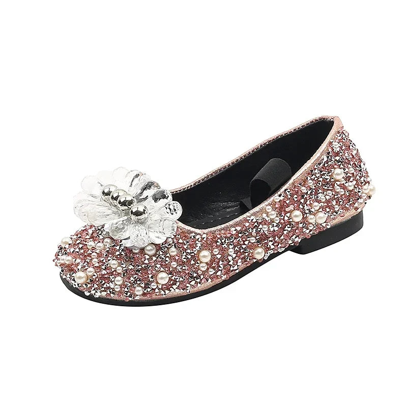 Children's Shoe for Girl Fashion Rhinestone Kids Leather Shoes Sequins Princess Ballet Slip-on Versatile Toddler Casual Shoes
