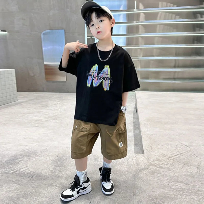 Clothing Sets Big Children Short-sleeved Top+Shorts Suits Teenager T-shirt Loose Sports 2Pcs Outfits