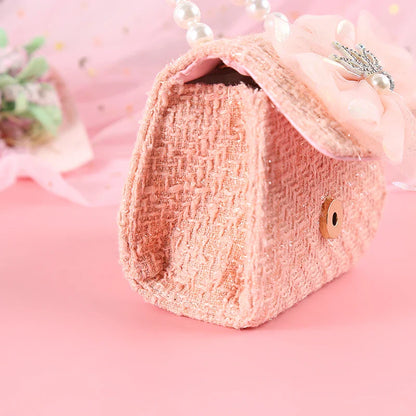 Pink Princess Crown Colorful Bow Children's Bag Fashion Hand-held Pearl Diagonal Girl Cross Body Shoulder Messenger Bags Purse