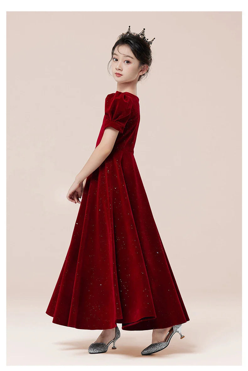 Kids Party Dress Clothing For Birthday Princess  Wine Red Piano Wedding Flower Girl Host Children's Formal Dress