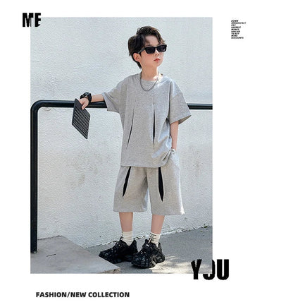 American Kids Design Double Cotton Gauze Clothing Set For Teenage Boy Casual Summer Top and Bottom Clothes Set Child Tracksuit