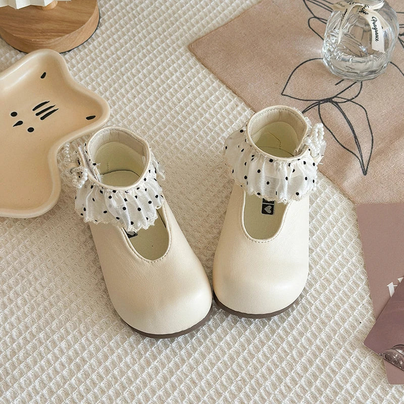 Girl's Leather Shoes Frilly Pearl Adorable Hook-loop Kids Flat Shoe Beige Brown Shallow Sweet Trendy Children Shoe 23-34