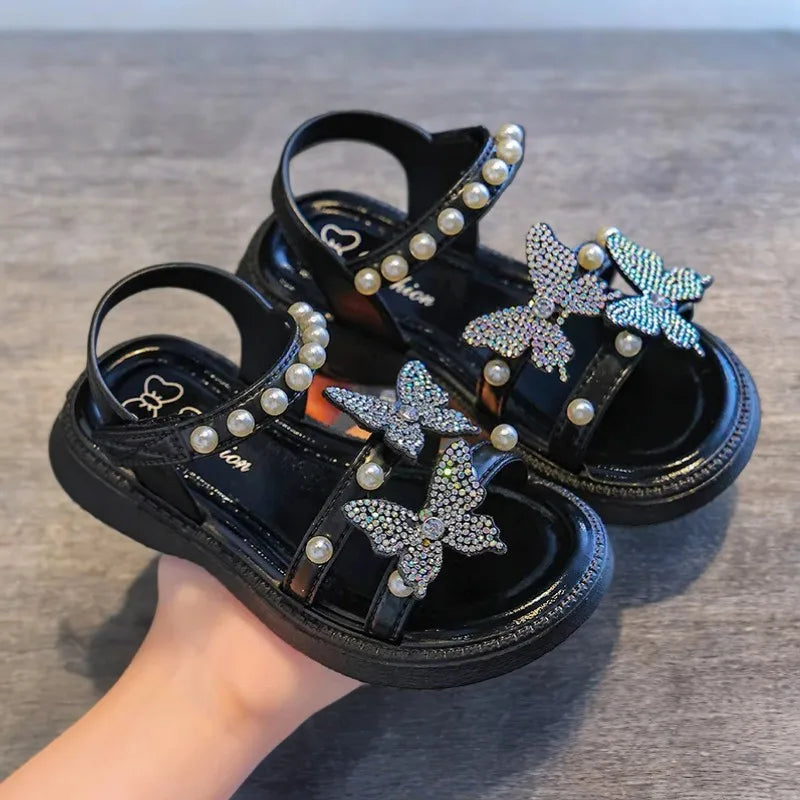 Kids' Sandals PU Leather Sequin Peep Toe Summer Outdoor Flat Shoes For Girls Breathable Anti-slip White Purple Pink