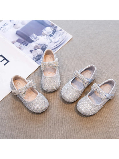 Autumn New Girls Single Princess Shoes Pearl Shallow Children's 2025 Comfortable Flat Shoes Kid Baby Rhinestone Bowknot Shoes