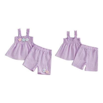 0-4years Baby Girl Summer Outfit 3D Flower Design Ruffled Trim Smocked Sleeveless Tops and Shorts 2 Pcs Set for Toddler girls