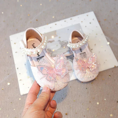 Girls Dress Shoes for Wedding Party Bling Sequins with Rhinestone Butterfly Sweet Princess Chic Kids Flat Shoes Lace Beaded