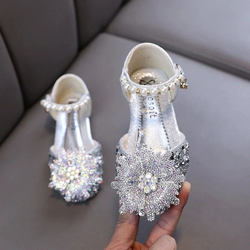 Kids Rhinestones Bow Sandals Cute Girls Party Sandals Children's Princess Shoes Fashion Soft Sole Flat Beach Sandals