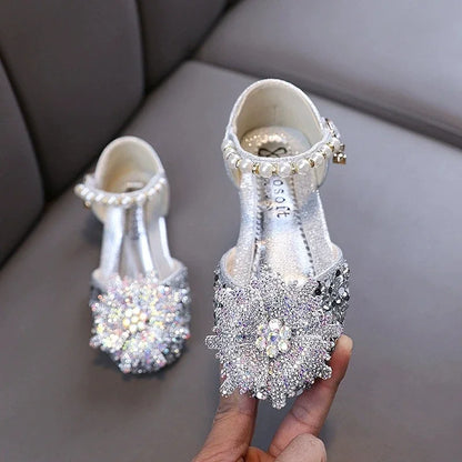 Kids Rhinestones Bow Sandals Cute Girls Party Sandals Children's Princess Shoes Fashion Soft Sole Flat Beach Sandals