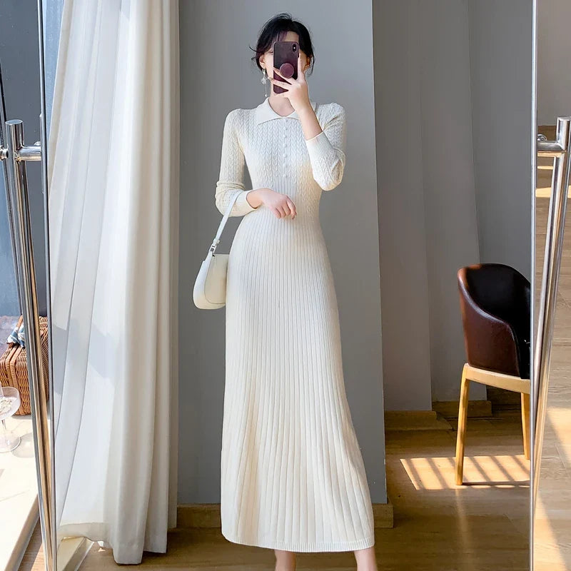 Sweater Dress Women New  Autumn Winter Purple White Or Black High Waist A Line Dress Elegant Long Knitted Dress