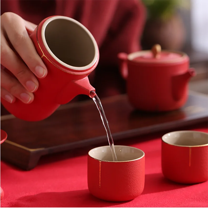 Traditional Chinese Tea Set, Porcelain Teapot, Stainless Steel, Tea Strainer, Cup, Bride and Groom Gifts, Traditional Red, Wed