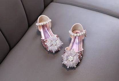 Kids Rhinestones Bow Sandals Cute Girls Party Sandals Children's Princess Shoes Fashion Soft Sole Flat Beach Sandals