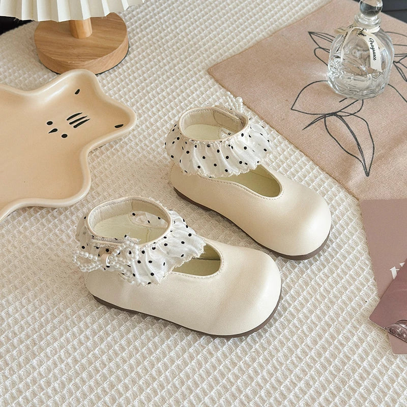 Girl's Leather Shoes Frilly Pearl Adorable Hook-loop Kids Flat Shoe Beige Brown Shallow Sweet Trendy Children Shoe 23-34
