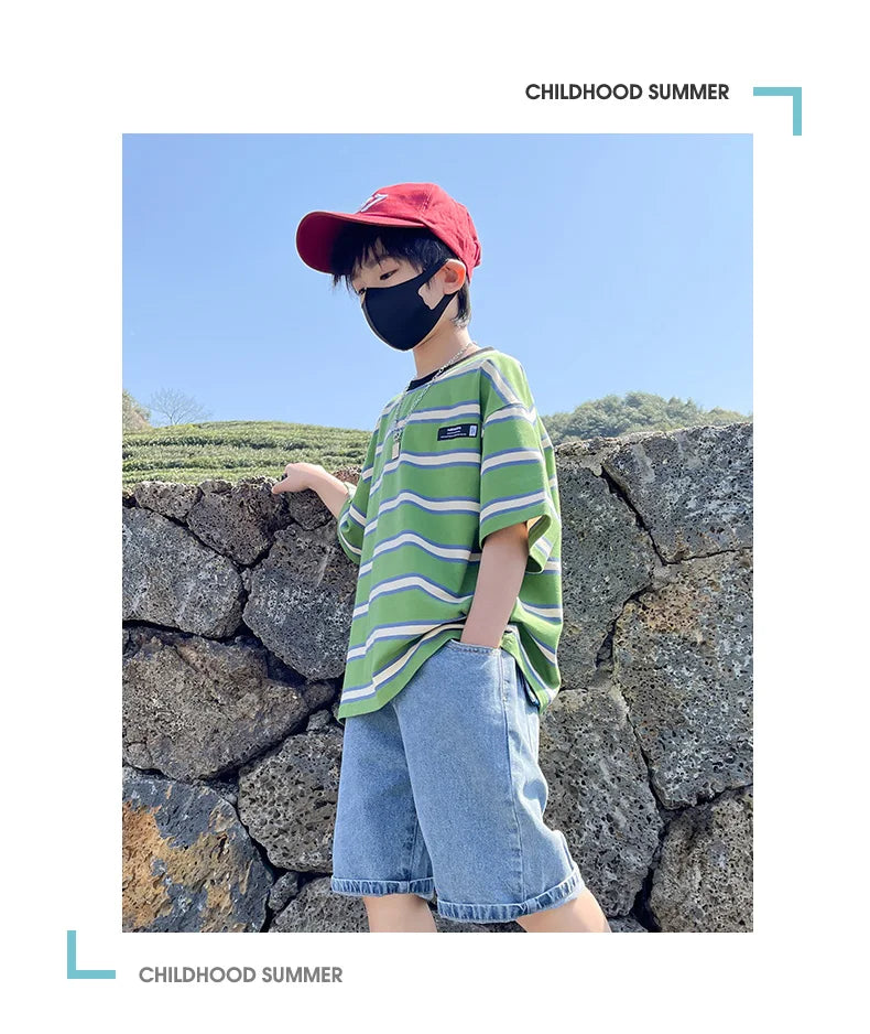 Tween Boy Summer Clothing Set Child Casual Cotton Stripe T-shirt & Denim Shorts 2 Piece Suit Teenage Kids Luxury Clothes Costume