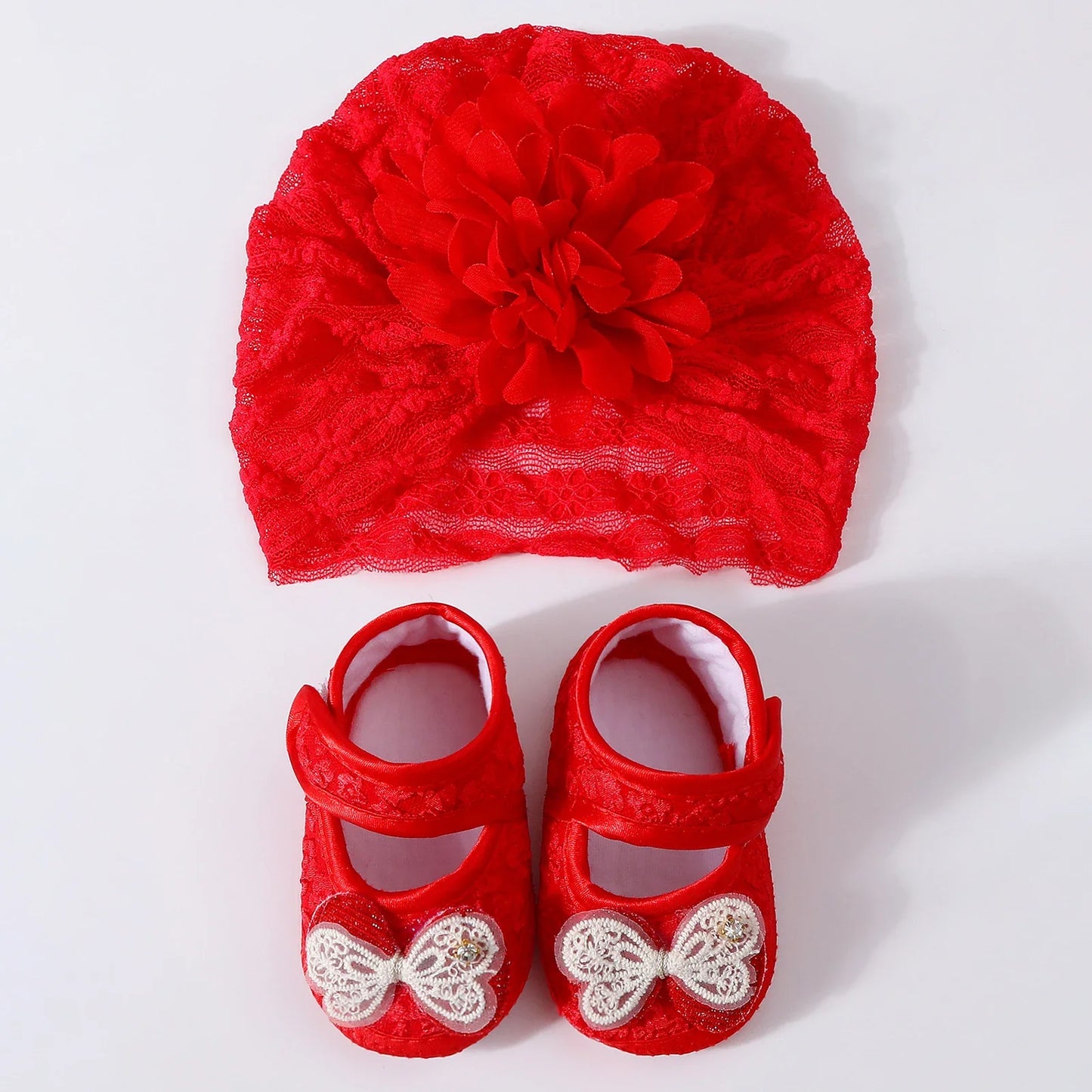 Baby Girls Princess Shoes and Turban Hat Set Bow Decor Lace Soft Non-slip Bottom First Walking Shoes