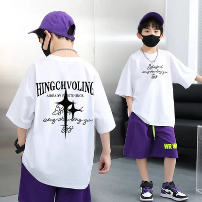 Summer 100% Cotton Boys Blue T-shirt Cool Graffiti Printed Girls Tees Short Sleeve Children Tops High Quality Kids Clothes