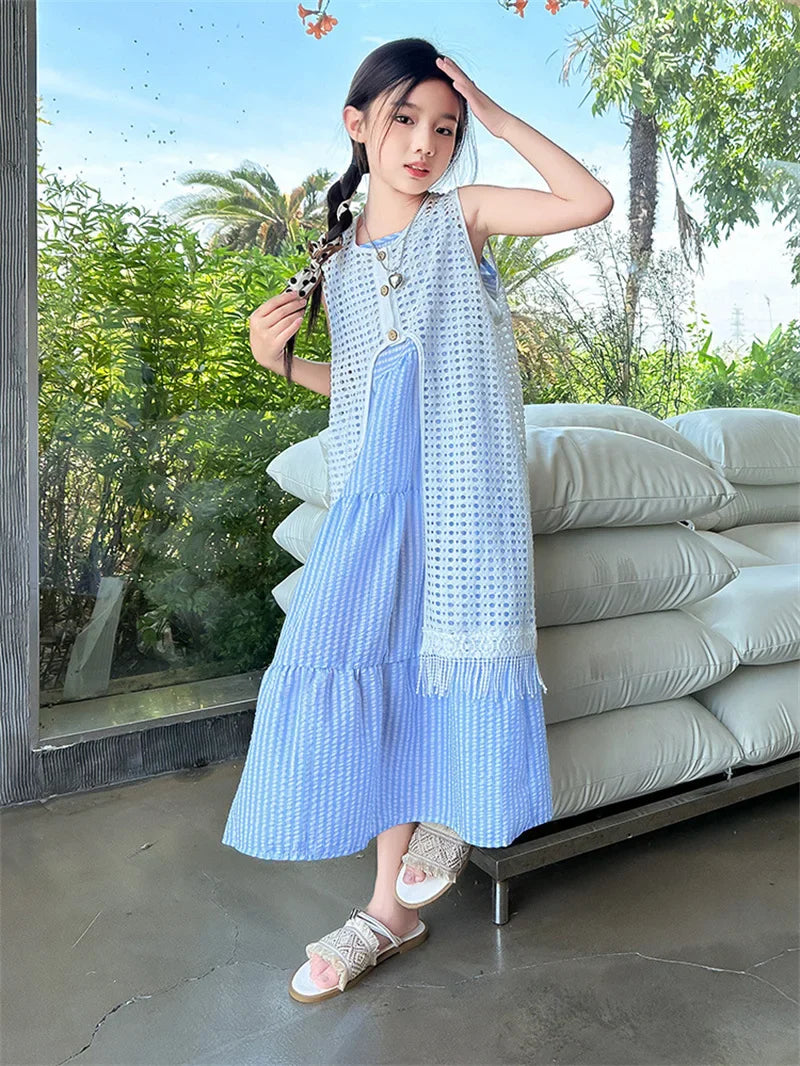 5-14Years Old Girls Dress Children Summer Sweet Beach Holiday Gown Kids Dresses Teenager Sleeveless Clothing Sets