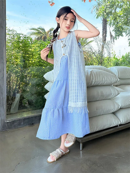 5-14Years Old Girls Dress Children Summer Sweet Beach Holiday Gown Kids Dresses Teenager Sleeveless Clothing Sets