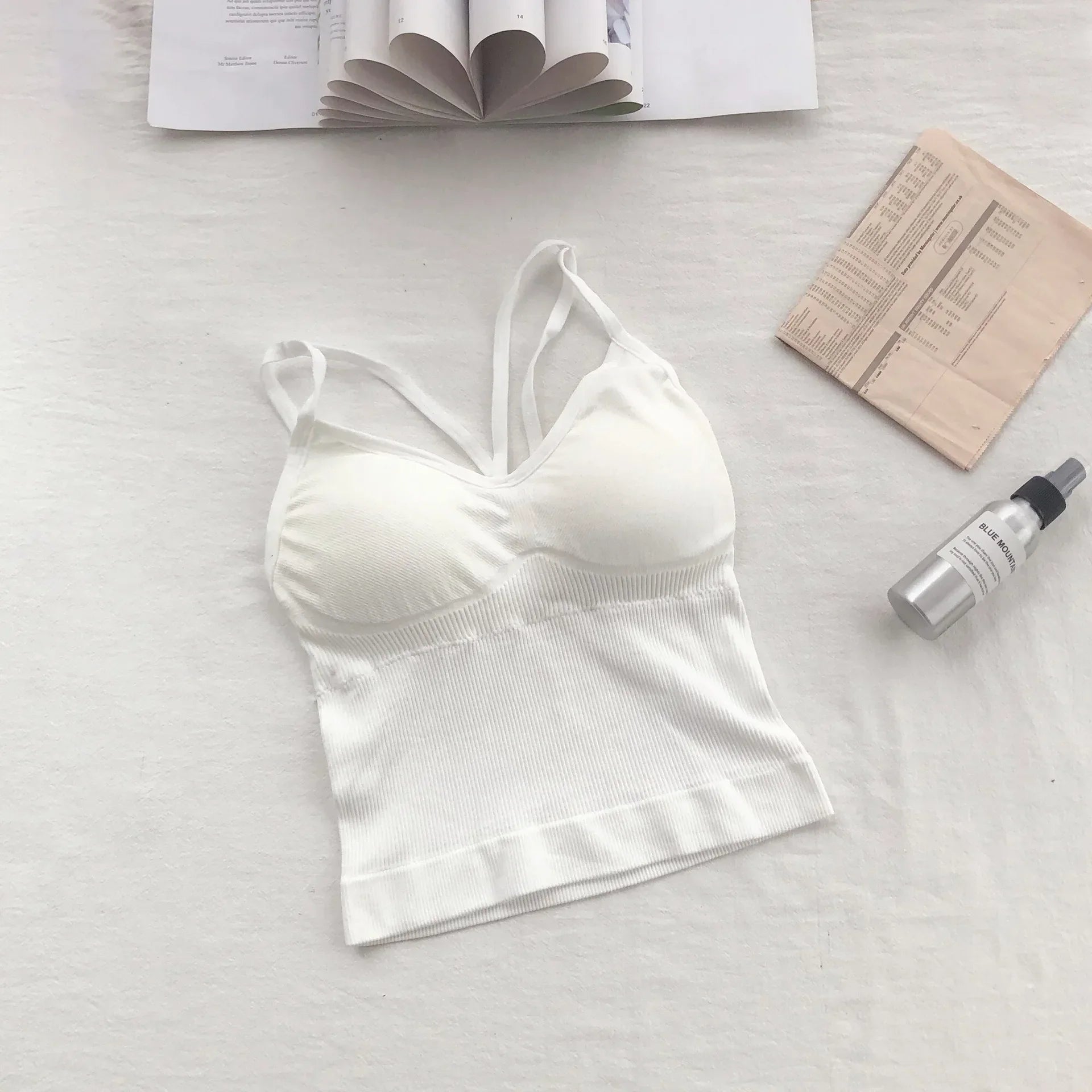 Women's Underwear Seamless Body-fitting Vest Wrapped Detachable Chest Pad Cut Top Elastic Sexy Cross Open Back V-neck Vest Bra