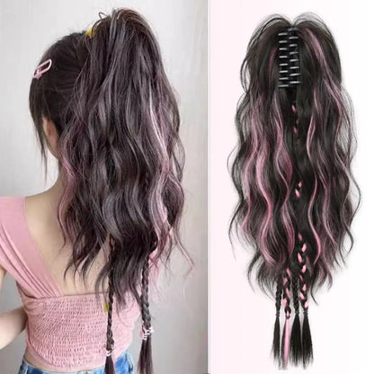 Boxer braid hair clips, Sweet Cool Style Women's Hair Extensions, Short Curly Hair with Long Ponytail Claw Clip, Daily Use