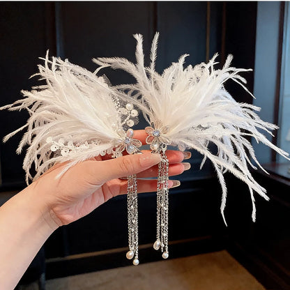 Fairy Bride Headdress BrideCourt Hair Ornament Crystal Butterfly Wings Headwe Lace Feather Fringe Hair Clip Wedding Accessories