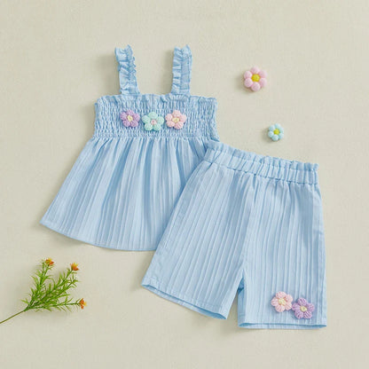 0-4years Baby Girl Summer Outfit 3D Flower Design Ruffled Trim Smocked Sleeveless Tops and Shorts 2 Pcs Set for Toddler girls