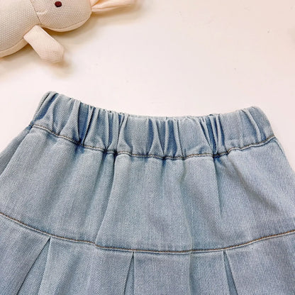 Children's Clothing Sets Cartoon Embroidered Lapel Sleeveless Top + Bow Embroidered Denim Skirt 2pcs Baby Girl Outfit Set