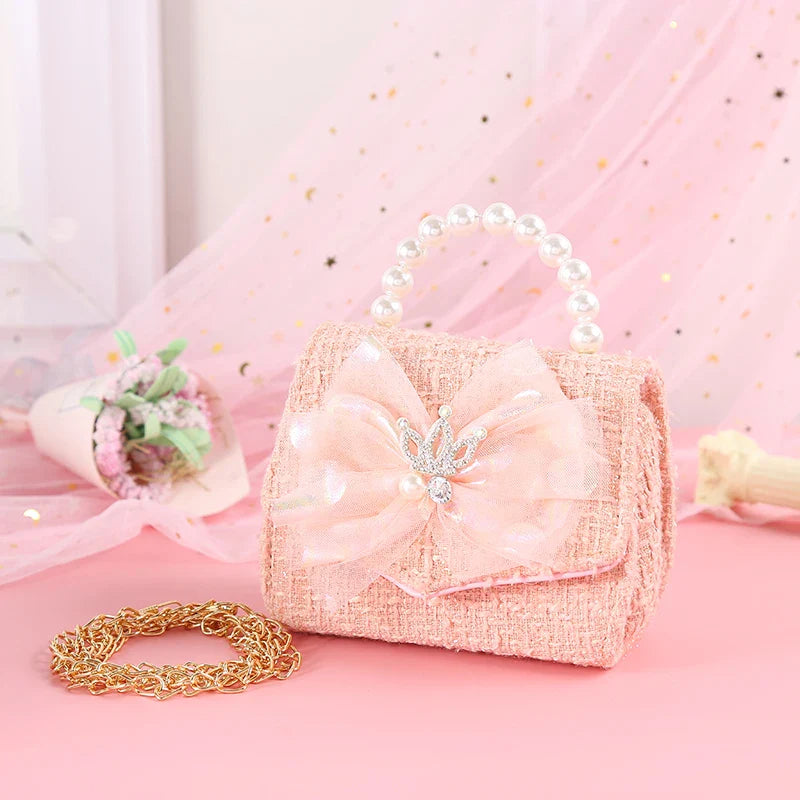 Pink Princess Crown Colorful Bow Children's Bag Fashion Hand-held Pearl Diagonal Girl Cross Body Shoulder Messenger Bags Purse