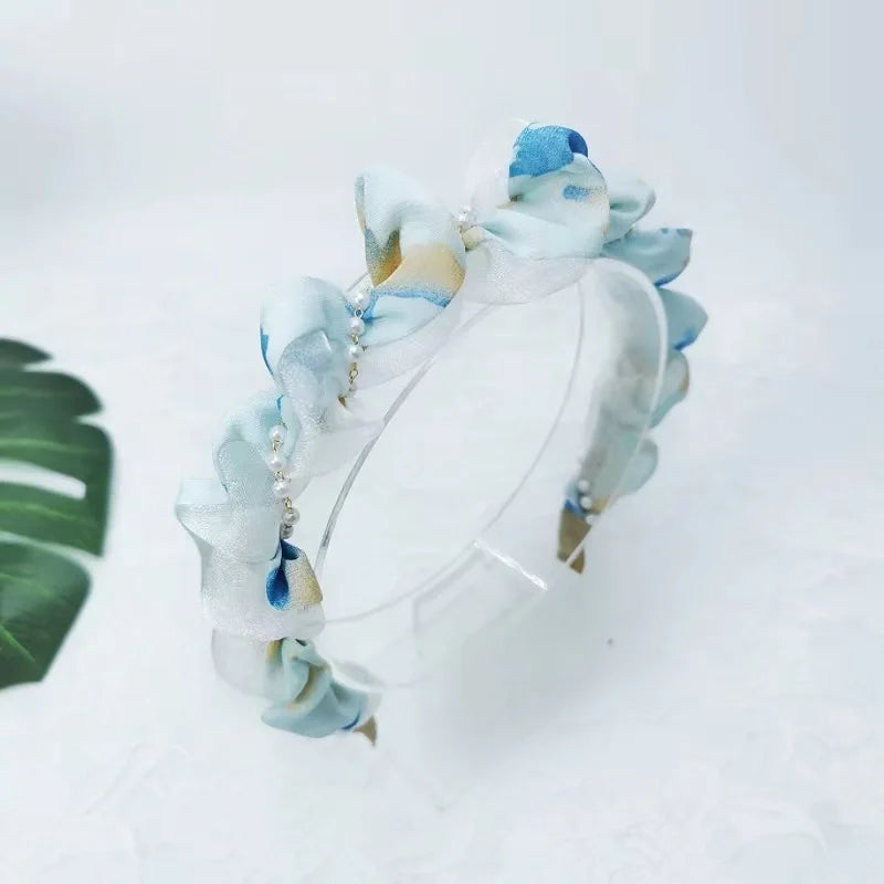 French Pearl Headband – Crinkled Fabric with Floral Print, Padded Volumizing Hairband for Women Headbands for Women