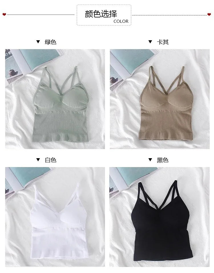 Women's Underwear Seamless Body-fitting Vest Wrapped Detachable Chest Pad Cut Top Elastic Sexy Cross Open Back V-neck Vest Bra