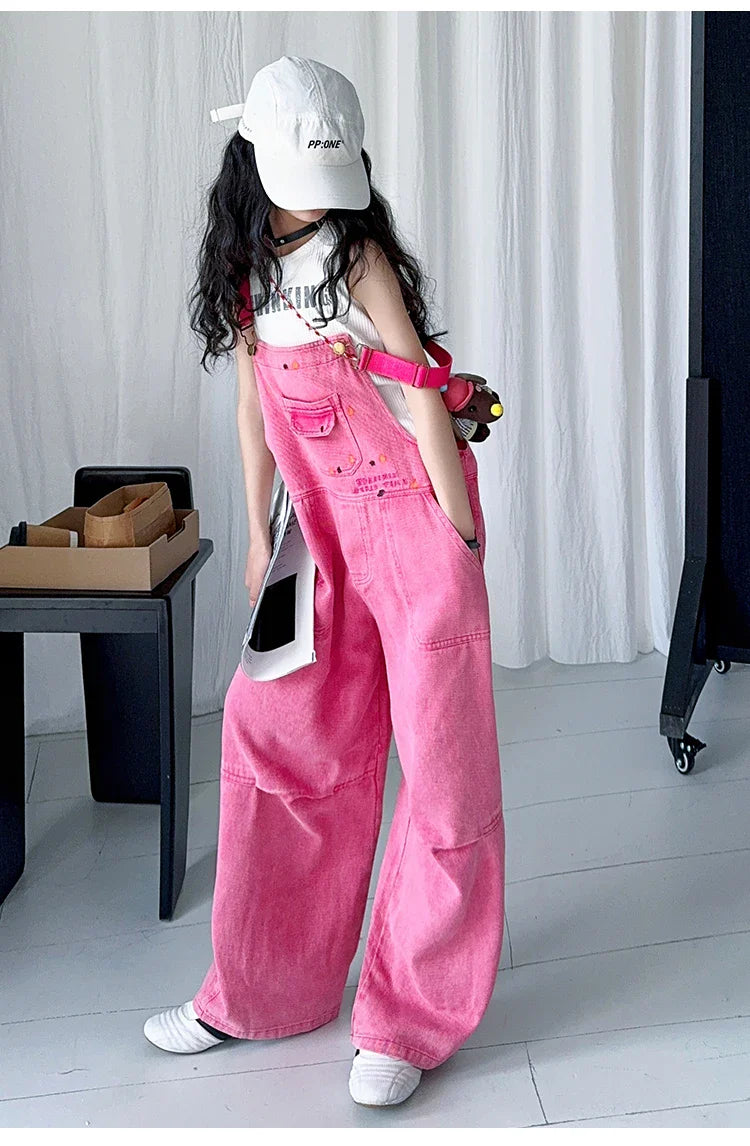 Luxury Kids Pink Denim Dungarees Bib Jeans for Teens Girl Casual Suspender Jumpsuit Child Fashion Jeans Overalls