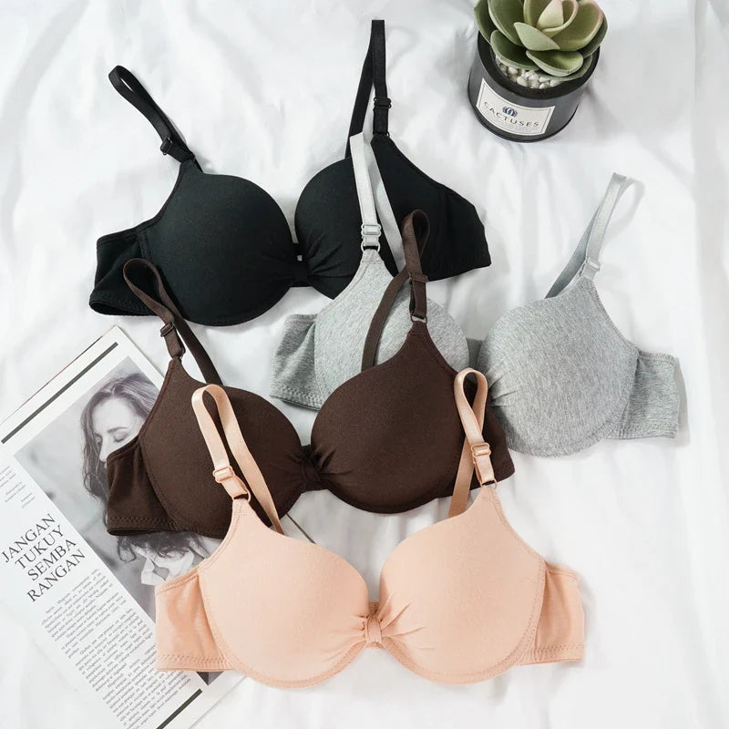 Women's Sexy Cotton Gathered Bra Deep V Underwire Ladied  Brassiere Push Up Lingerie Solid Bras Backless Intimate Underwear