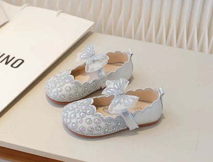 Girls Crystal Princess Footwear Comfortable Flat Sole Leather Shoes for Kids Glittering Rhinestone Design