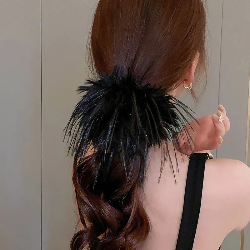 Large Feather Hair Rope Women Lady Elegant Black White Feather Elastic Hair Band Winter Headwear Fluffy Hair Scrunchy Hair Ring