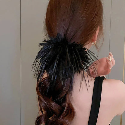 Large Feather Hair Rope Women Lady Elegant Black White Feather Elastic Hair Band Winter Headwear Fluffy Hair Scrunchy Hair Ring