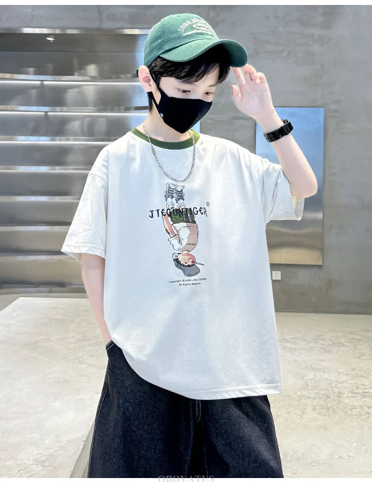 Summer Tees Tops for Teen Boy Cotton T-Shirt New Short Sleeve Fashion Cartoon Tshirts for Children Korea Kids Luxury Clothes