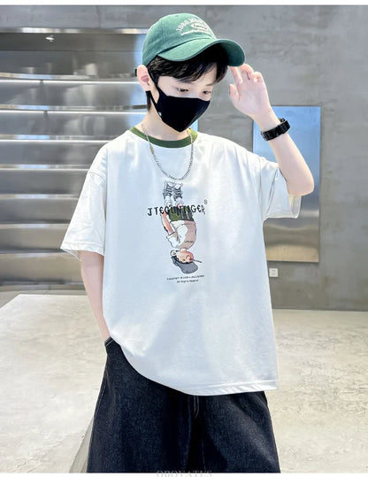 Summer Tees Tops for Teen Boy Cotton T-Shirt New Short Sleeve Fashion Cartoon Tshirts for Children Korea Kids Luxury Clothes