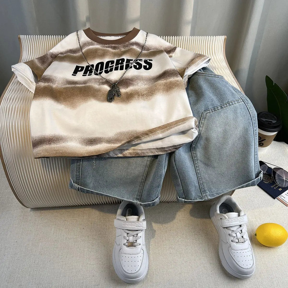 New Boys Fashion Summer Cotton Letter Printing T-shirts+Graffiti Denim Shorts 2pcs Set Kids Korean Outfits Sets Children Clothes