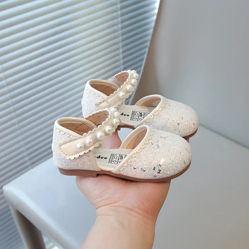 Girl's Princess Shoes Pearl Round Toe Glitter Sweet Kid's Flat Shoe Solid Colors Anti-slip Cute Party Daily Children Shoe