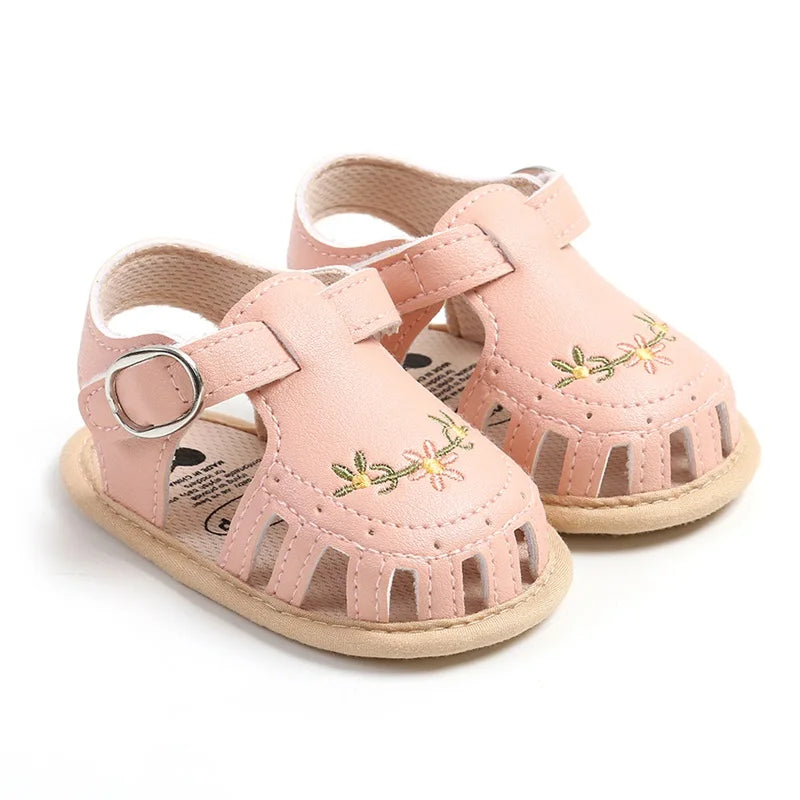 Newborn Infant Baby Girl PU Leather Embroidery Flower Sandals Summer Soft Sole Flat Princess Shoes Infant Non-Slip First Walkers