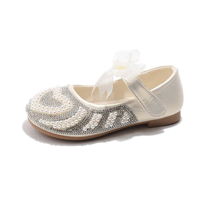 Girls Rhinestone Shoes with Big Heart Pearl Lace Bowtie Fashion Princess Sweet Kids Dress Flats for Wedding Party Chic Elegant