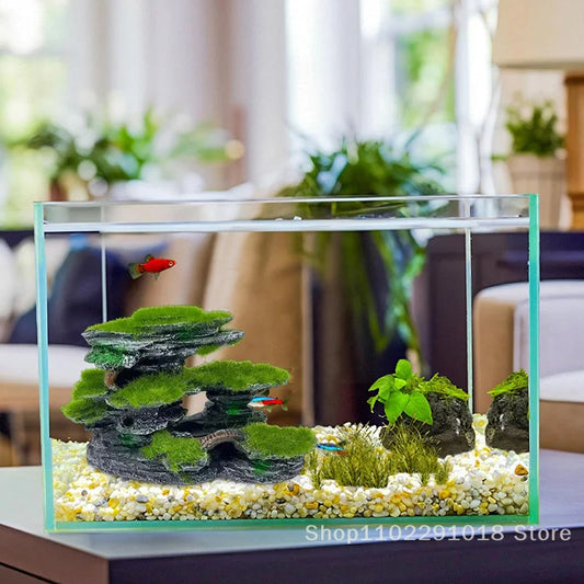 Aquarium Mountain View Stone,Aquarium View Stone, Mossed Aquarium Hideout, Submersible Resin Aquarium Decorations Large