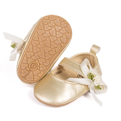 Gold Tie Cute Bow Flower Baby Princess Shoes Wedding Birthday Party Non-Slip Soft Sole Baby Toddler Shoes
