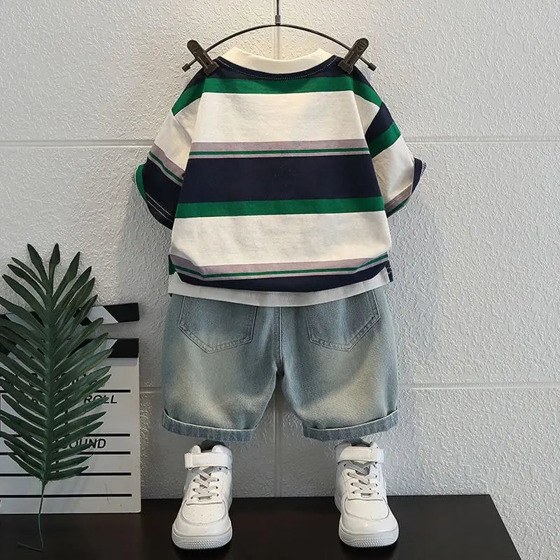 Korean Boys Summer Children's Top and Bottom 2PC Sets Short Sleeve T-Shirt & Denim Shorts Kids Clothes 1-7 Years Black Toddler